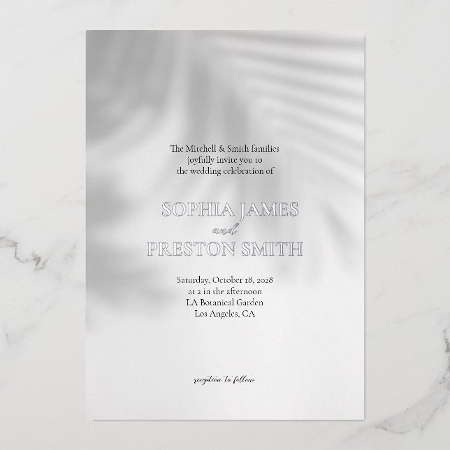 Palm Tree Shadow Modern Wedding Invite with Foil (Front)