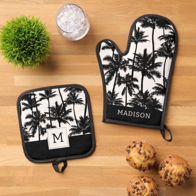 Palm Tree Shadow Pattern Oven Mitt & Pot Holder Set (Top Down)