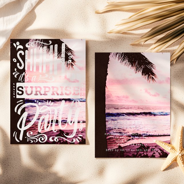 Palm Tree Shh Surprise Party Sunset Beach Birthday Invitation (Creator Uploaded)