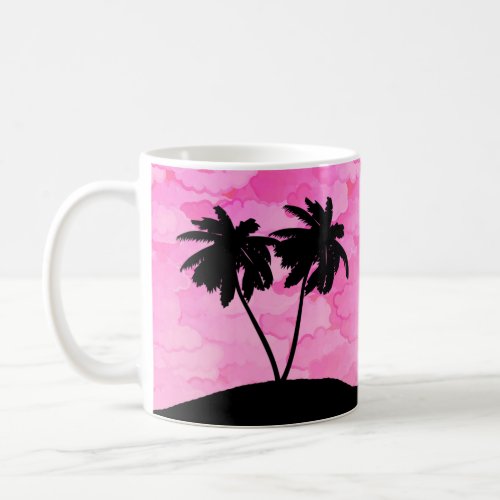 Palm Tree Silhouette Against Dawn Pink with Clouds Coffee Mug