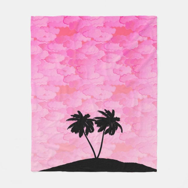Palm Tree Silhouette Against Dawn Pink with Clouds Fleece Blanket (Front)