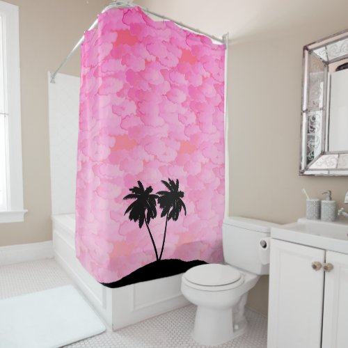 Palm Tree Silhouette Against Dawn Pink with Clouds Shower Curtain