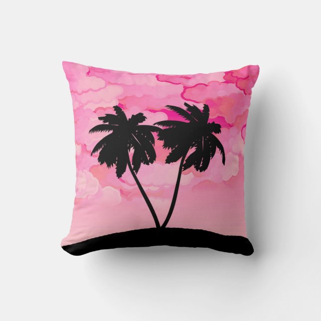 Palm Tree Silhouette Against Dawn Pink with Clouds Throw Pillow (Front)