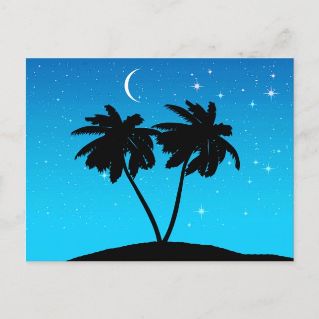 Palm Tree Silhouette Against Evening Blue Postcard (Front)