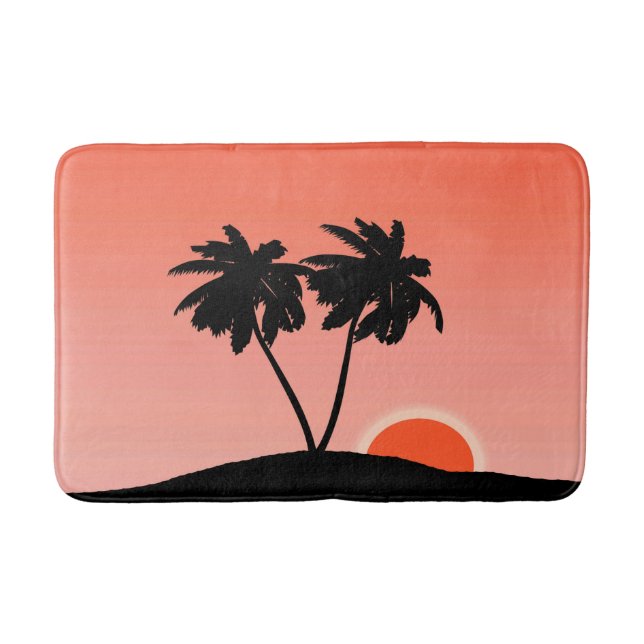 Palm Tree Silhouette Against Sunset Orange Bath Mat (Front)