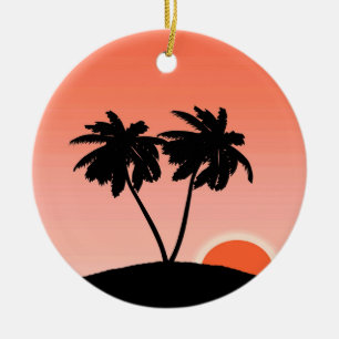 Palm Tree Silhouette Against Sunset Orange Cerami Ceramic Ornament