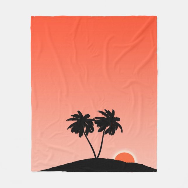 Palm Tree Silhouette Against Sunset Orange Fleece Blanket (Front)