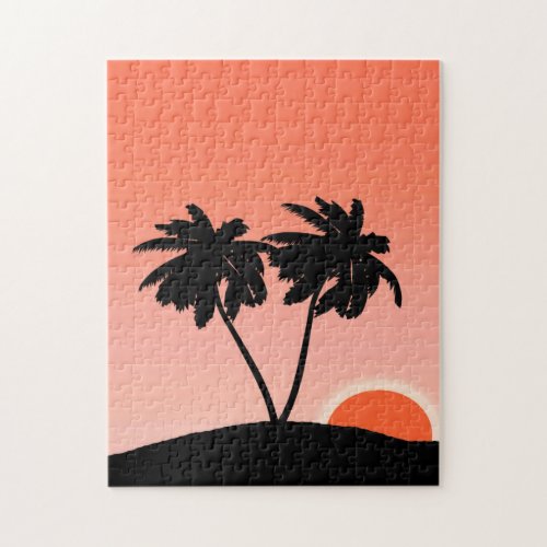 Palm Tree Silhouette Against Sunset Orange  Jigsaw Jigsaw Puzzle