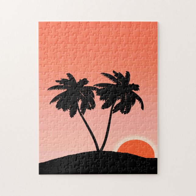 Palm Tree Silhouette Against Sunset Orange  Jigsaw Puzzle (Vertical)