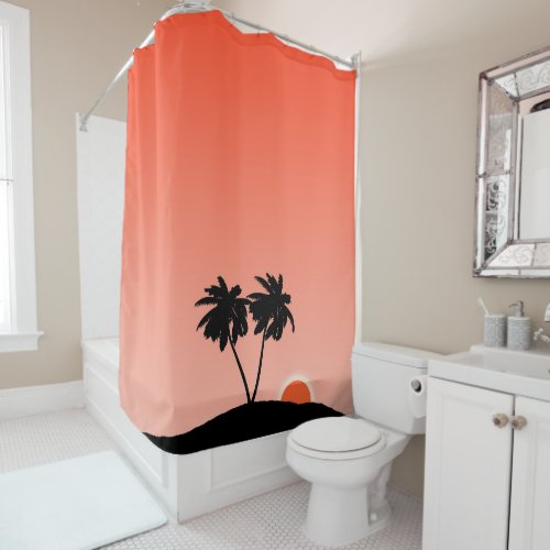 Palm Tree Silhouette Against Sunset Orange Shower Curtain