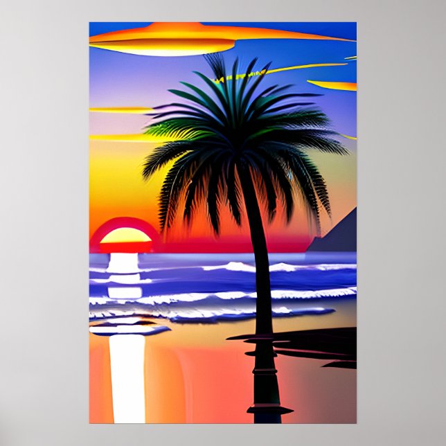 Palm Tree Silhouette and Colorful Sunset Poster (Front)