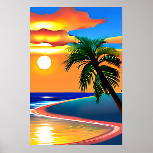 Palm Tree Silhouette and Colorful Sunset Poster