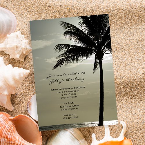 Palm Tree Silhouette Beach Birthday Party Invitation