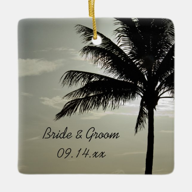 Palm Tree Silhouette Beach Wedding Square Ceramic Ornament (Front)