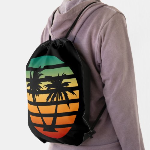 Palm Tree Silhouette Black Drawstring Bag
