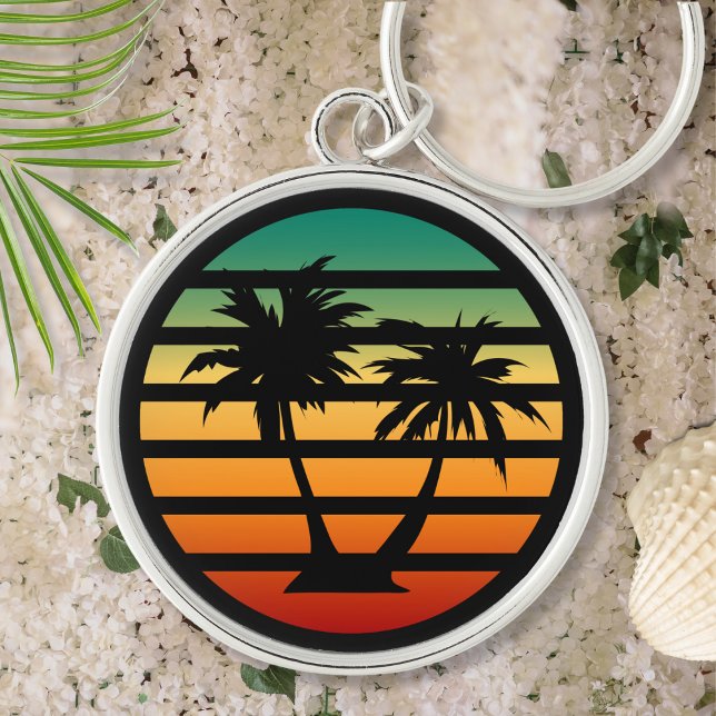 Palm Tree Silhouette Black Stripe Keychain (Palm Tree Silhouette Key Chain)