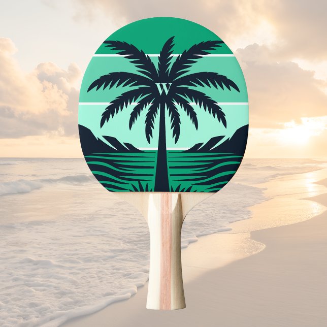 Palm Tree Silhouette Black Striped Green Monogram Ping Pong Paddle (Creator Uploaded)