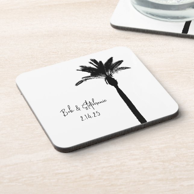 Palm Tree Silhouette COUPLE Date Modern Chic Beverage Coaster (Left Side)
