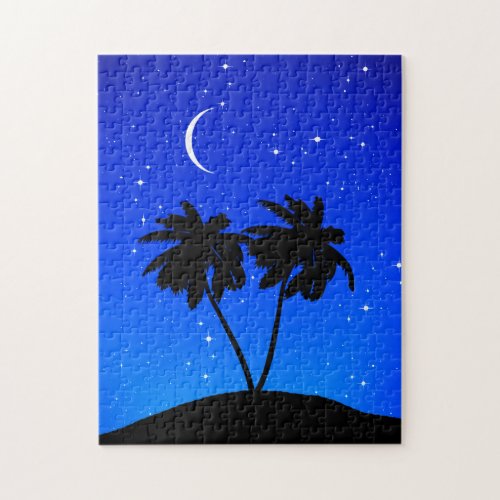 Palm Tree Silhouette Evening Blue with Stars Jigsaw Puzzle