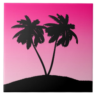 Palm Tree Silhouette on Dawn Pink Ceramic Tile