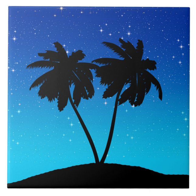 Palm Tree Silhouette on Evening Blue with Stars Ceramic Tile (Front)