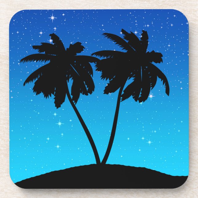 Palm Tree Silhouette on Evening Blue with Stars Drink Coaster (Front)