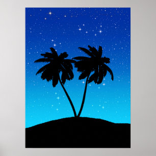 Palm Tree Silhouette on Evening Blue with Stars Poster