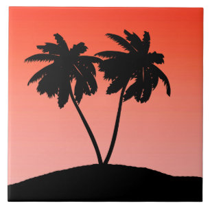 Palm Tree Silhouette on Sunset Orange Ceramic Tile