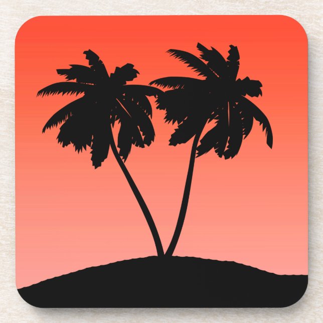 Palm Tree Silhouette on Sunset Orange Drink Coaster (Front)