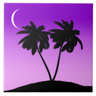 Palm Tree Silhouette on Twilight Purple Ceramic Tile