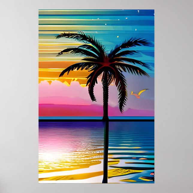 Palm Tree Silhouette, Seagull and Colorful Sunset Poster (Front)