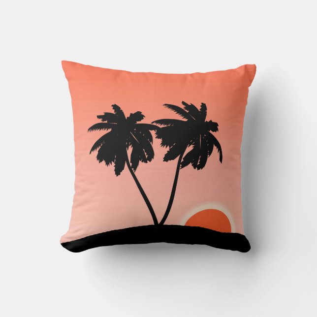 Palm Tree Silhouette, Sunset Orange Background Throw Pillow (Front)