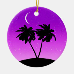 Palm Tree Silhouette, Twilight Purple with Stars C Ceramic Ornament