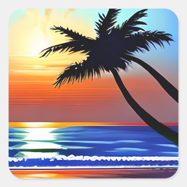 Palm Tree Silhouette with Sunet  Square Sticker (Front)