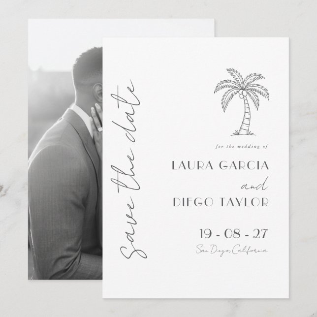 Palm Tree Simple White Wedding Save The Date (Front/Back)
