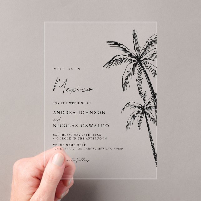 Palm Tree Sketch Travel Beach Destination Wedding Acrylic Invitations (Insitu (Handheld))