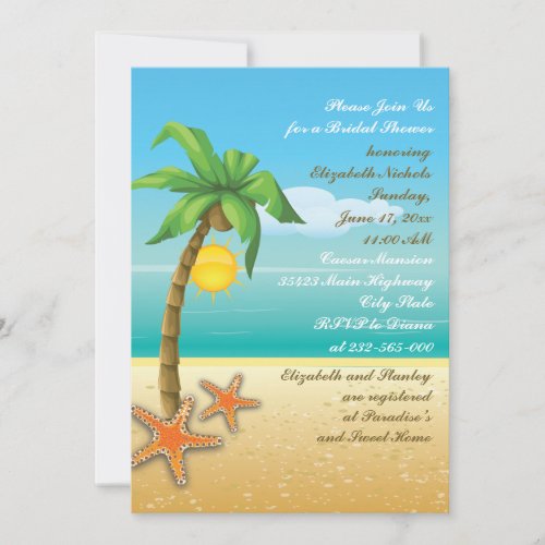 Palm tree &amp; starfish beach wedding bridal shower custom invites