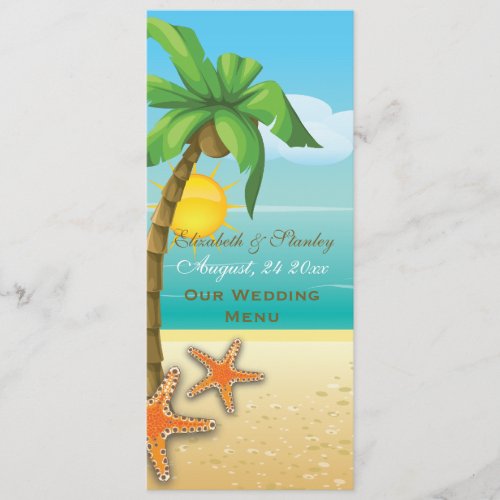 Palm tree  starfish beach wedding menu card