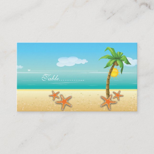 Palm tree & starfish beach wedding place card (Front)