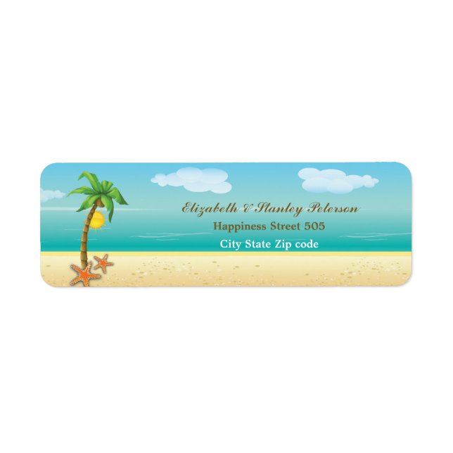Palm tree & starfish tropical beach wedding label (Front)