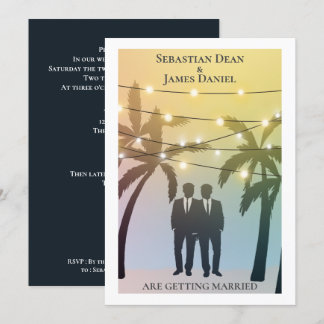 Palm Tree String Lights Two Groom Gay Wedding Invitation