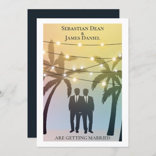 Palm Tree String Lights Two Groom Gay Wedding Invitation