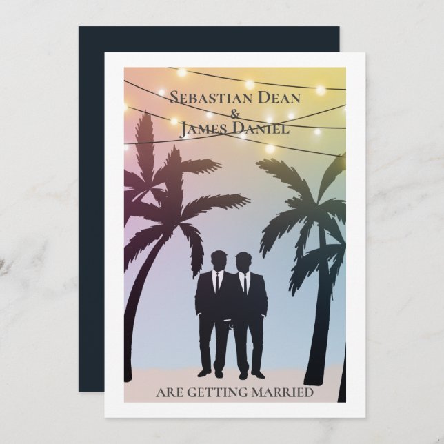 Palm Tree String Lights Two Groom Gay Wedding Invitation (Front/Back)