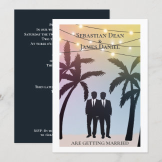 Palm Tree String Lights Two Groom Gay Wedding Invitation