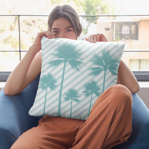 Palm Tree Stripe Teal Beach House Decorative  Throw Pillow