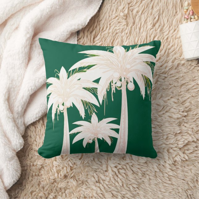 Palm Tree Summer Elegant Green White Tropical Throw Pillow (Blanket)