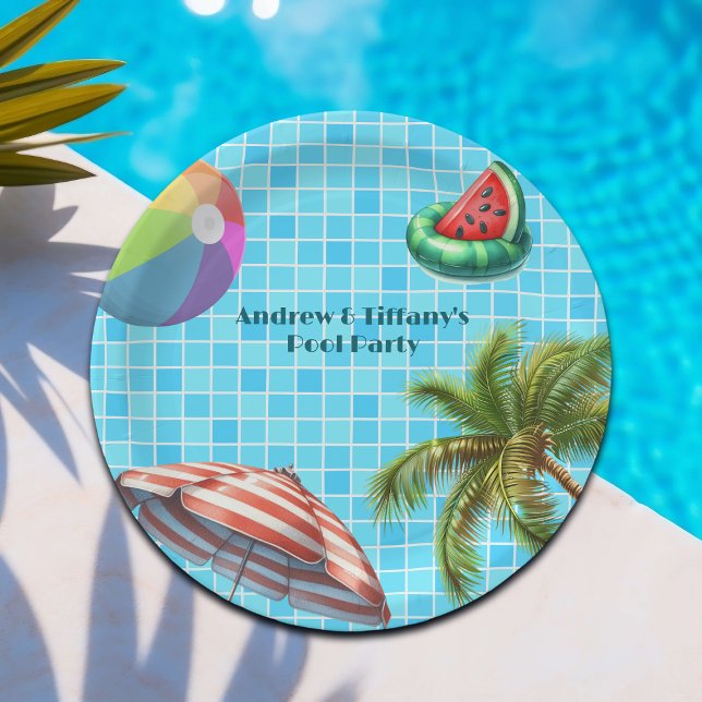 Palm Tree Sun Umbrella Beach Ball Pool Party Paper Plates (Creator Uploaded)