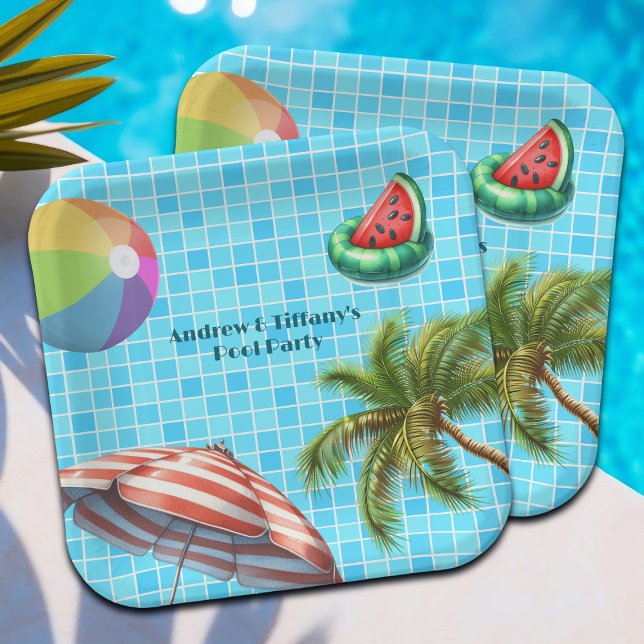 Palm Tree Sun Umbrella Beach Ball Pool Party Paper Plates (Creator Uploaded)