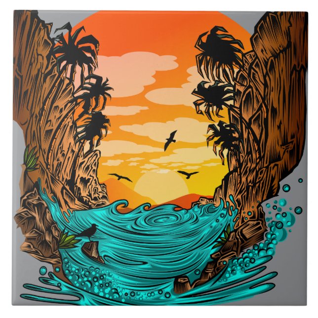 Palm Tree Sunset Ceramic Tile (Front)
