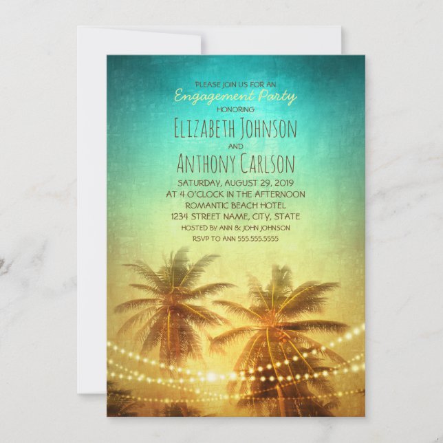 Palm Tree Sunset Hawaiian Beach Engagement Party Invitation (Front)